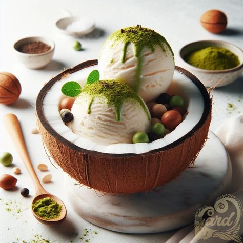 https://card9.com/ai/matcha-coconut-ice-cream Matcha Coconut Ice Cream, Matcha Ice Cream Vegan, Indian Pistachio Ice Cream, Thailand Ice Cream, Ice Cream In Coconut Shell, Matcha Coconut, Coconut Ice Cream, Matcha, Coconut