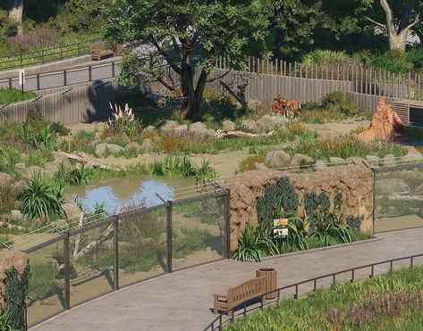 Planet Zoo African Habitat, Planet Zoo Giraffe Habitat, Planet Zoo Monkey Habitat, Planet Zoo Lion Habitat, Reptile House Zoos, Zoo Planet Ideas, Planet Zoo Fence Ideas, Planet Zoo Building Ideas, Zoo Enclosure Design