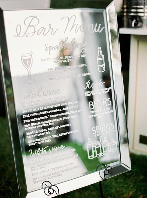 Wedding Bar Signage, Mirror Writing, Mirror Bar, Mirror Wedding, Bar Signage, Bar Menu Wedding, Signage System, Bar Mirror, Real Weddings Photos