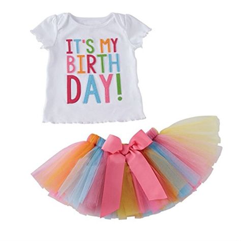 Puseky Toddler Baby Girls Birthday T-shirt+Rainbow Mesh Tutu Skirt Outfit Set (1-2 Years) Skirt Two Piece Outfit, Tutu Skirt Outfit, Colourful Dress, Birthday Clothes, Rainbow Skirt, First Birthday Dresses, Two Piece Outfits, Bow Skirt