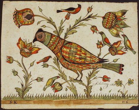 Artist Unknown (S.K.- H.K.) - Bucks County, Pa., 1830 Farmer House, Dutch Culture, Pennsylvania Dutch, Birds And Flowers, Philadelphia Museum Of Art, Hooked Rugs, German Art, Primitive Folk Art, American Folk Art