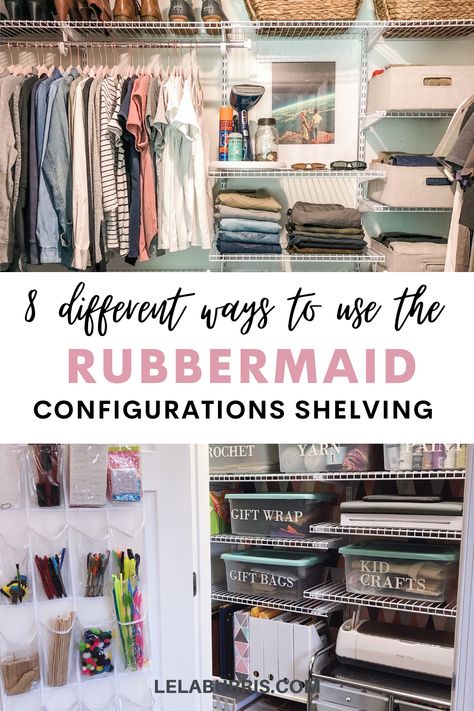 how to use @rubbermaid adjustable closet systems 8 different ways (not just for clothes!) Wire Shelf Walk In Closet, Wire Shelf Closet Organization, Wire Closet Organization Ideas, Rubbermaid Closet System, Closet Organizers Ideas, Closet System Ideas, Closet Layouts, Rubbermaid Closet Organizer, Rubbermaid Closet