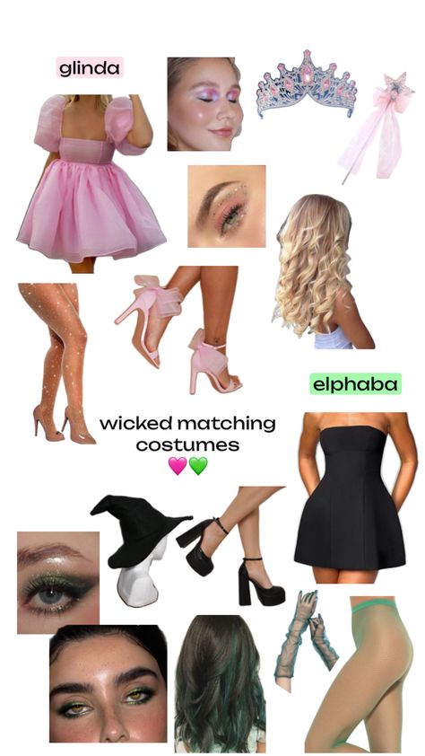 Elfaba And Glinda Costumes, Wicked Themed Outfit, Broadway Themed Party Outfit, Wicked Inspired Outfits Glinda, Elphaba Outfit Ideas, Galinda And Elphaba Costumes, Galinda Wicked Inspired Outfits, Glenda And Elphaba Costume, Wicked Movie Outfit Ideas