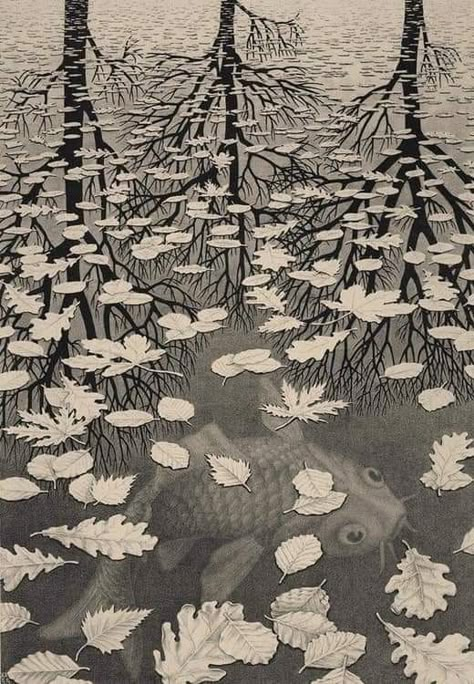 Three Worlds | M.C. Escher, Lithograph, (1955) Gestalt Figure Ground, Surrealism Ideas, Letters Newspaper, Escher Drawings, Mc Escher Art, Murals Bedroom, Bird Mural, Design With Nature, Reflections Art