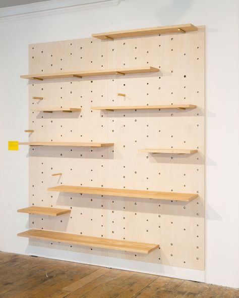 Timber Wall Panelling, Peg Board Shelves, Peg Board Walls, Art Studio Storage, Peg Wall, Timber Shelves, Retail Space Design, Wood Slat Wall, Timber Walls