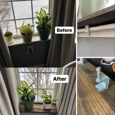 Extend window sill for plants using strut beam clamp Window Sill Shelf Clamp, Office Window Sill Decor, Window Ledge Shelf, Diy Window Sill Extension, Window Sill Shelf For Plants, Extend Window Sill, Decorated Window Sill, Window Sill Extender For Plants, Window Ledge Decor Bedroom