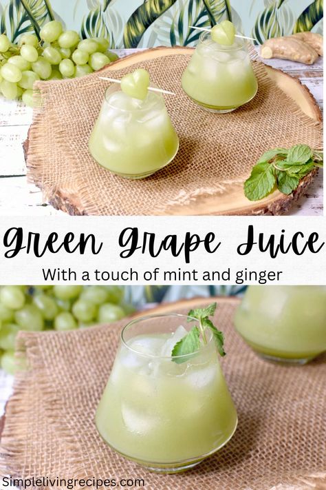 Green grape juice in two glass cups, with green grapes and mint leaves garnishing. Green Grapes Juice Recipe, Recipes Using Green Grapes, Grape Drink Recipes, Green Grape Dessert, Healthy Grape Recipes, What To Do With Green Grapes, Green Grape Recipes Ideas, Recipes With Green Grapes, Green Grape Recipes