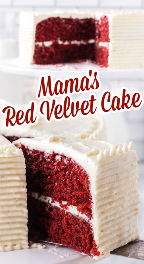 Mama's Red Velvet Cake with Ermine Frosting! A tried-and-true family recipe with classic Ermine Frosting, the original cooked flour buttercream icing, traditional to heirloom Southern Red Velvet cakes. Gluten Free Red Velvet Cake, Homemade Red Velvet Cake, Velvet Desserts, Best Red Velvet Cake, Sugar Spun Run, Velvet Recipes, Red Velvet Cakes, Red Velvet Desserts, Velvet Cakes