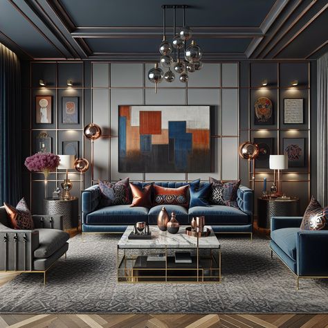 This luxurious, modern living room features a sophisticated color palette of Navy, Silver, and Copper Accents. The room includes elegant seating in Dark Blue with Silver trim, a Marble Coffee Table, and vibrant art on the walls. Bold pillows and plants add to the cozy ambiance. Luxury Living Room Aesthetic, Hang Gallery Wall, Hollywood Glam Interior Design, Room Aesthetic Ideas, Blue Apartment, Glam Interior, Glam Interior Design, Modern Glam Living Room, Lavish Living Room