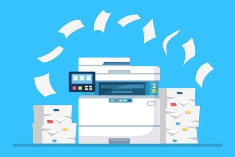 Printer, office machine with paper, document stack. Scanner, copy equipment. Paperwork. Multifunction device. Vector cartoon design Office Machine, Vector Cartoon, Cityscape Photos, Logo Banners, Presentation Slides, Marketing Design, Custom Illustration, Custom Branding, Custom Packaging