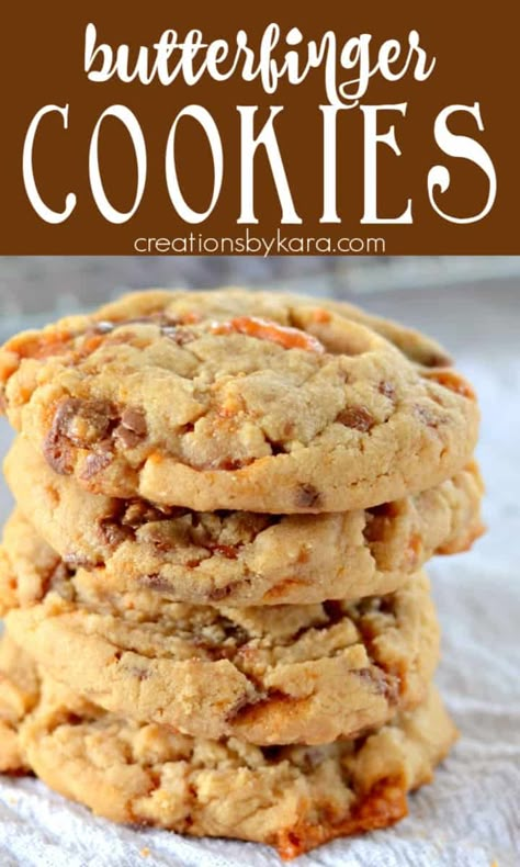 Peanut Butter Cookies With Butterscotch, Jiff Peanut Butter Cookies Recipes, Butterfinger Peanut Butter Cookies, Butterfinger Chips Recipes, Cookies With Butterfinger Bits, Peanut Butter Butterfinger Cookies, Butterfinger Pieces Recipes, Cookies Made With Candy Bars, Butterfinger Bits Cookies