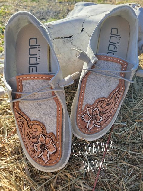 Leather Hey Dudes For Women, Hey Dude Leather Tooled, Custom Leather Hey Dudes, Leather Hey Dude Shoes, Tooled Leather Hey Dudes, Leather Hey Dudes, Western Hey Dudes, Tooled Leather Shoes, Hay Dudes