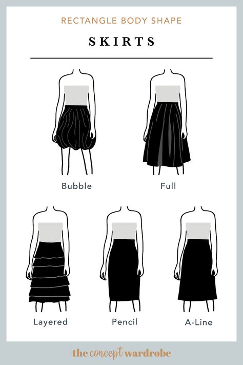 the concept wardrobe | A selection of great skirt styles for the rectangle body shape. Flaring styles with some sort of detail - such as layers, work best for this body shape. The Concept Wardrobe Rectangle Body Shape, Capsule Wardrobe For Rectangular Body Shape, Best Clothing For Rectangle Shape, Rectangular Figure Outfits, Casual Outfit Ideas For Rectangle Body Shape, Skirt For Body Type, Fall Outfits Rectangle Shape, Clothes For A Rectangle Body Shape, Rectangle Capsule Wardrobe