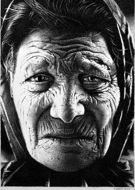 Stippling Ideas, Stipple Art, Stippling Drawing, Study Drawing, Pen And Ink Drawings, Ink Portrait, Stippling Art, Arte Sketchbook, Old Woman