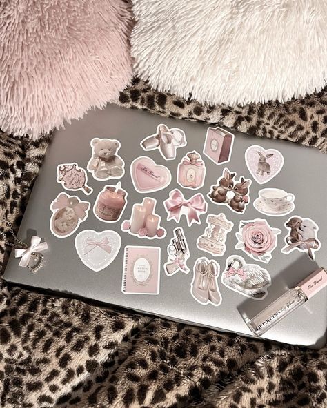 decorated my laptop 🎀🧸💭 Macbook Coquette, Apple Ecosystem, Laptop Decoration, Pink Laptop, My Laptop, Macbook Wallpaper, January 15, Aesthetic Stickers, Ecosystem