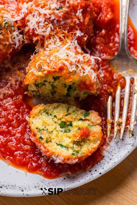 Polpette di Pane Meatballs Over Polenta, Bread Meatballs, Ricotta Polenta With Drunken Meatballs, Drunken Meatballs With Ricotta Polenta, Pioneer Woman Meatballs And Polenta, Italian Polpette Recipe, Breaded Meatballs, Meatless Meatballs, Feast Recipes