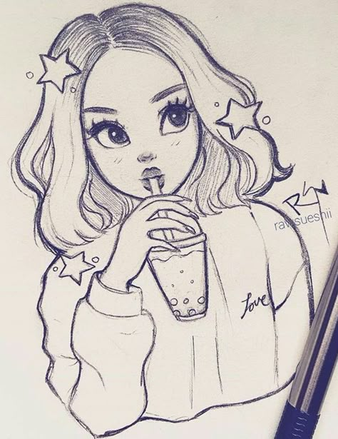 Pencil Drawing, A Girl, Pencil, Stars