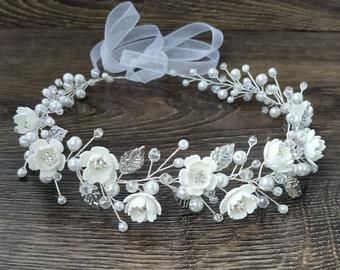 Catholic Wedding Gifts, First Communion Hairstyles, Pearls And Flowers, Communion Headpiece, Communion Hairstyles, Floral Hair Wreath, Flower Wreath Hair, Pearl Headpiece, Hair Wreaths