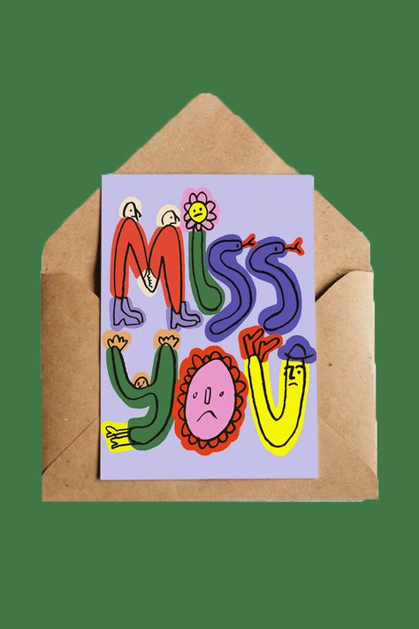 Miss You Card-WORM Miss You Doodle, Postcard Illustration Design, Greeting Cards Drawing, Lottie Hall, I Miss You Card, Norfolk Uk, Greeting Card Inspiration, Hand Drawn Cards, Miss You Cards