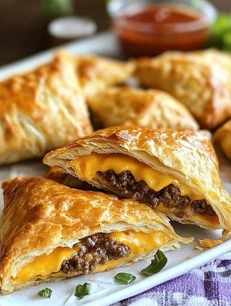 Cheeseburger Pockets Hamburger Pockets Ground Beef, Crescent Roll Cheeseburger Pie, Cheeseburger Pockets Crescent Rolls, Fun Hamburger Recipes, Puff Pastry Pockets Recipe, Easy Hand Held Food, Cooking Recipes For Dinner Ground Beef, Cheeseburger Puff Pastry, Fun Yummy Recipes