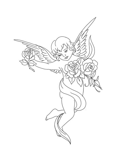 Cupid Angel Drawing, Angel Holding A Rose Tattoo, Angel And Flower Tattoo, Cherub And Flowers Tattoo, Cherub Flower Tattoo, Memorial Angel Tattoo, Flower Angel Tattoo, Cherub With Flowers Tattoo, Pretty Angel Tattoo