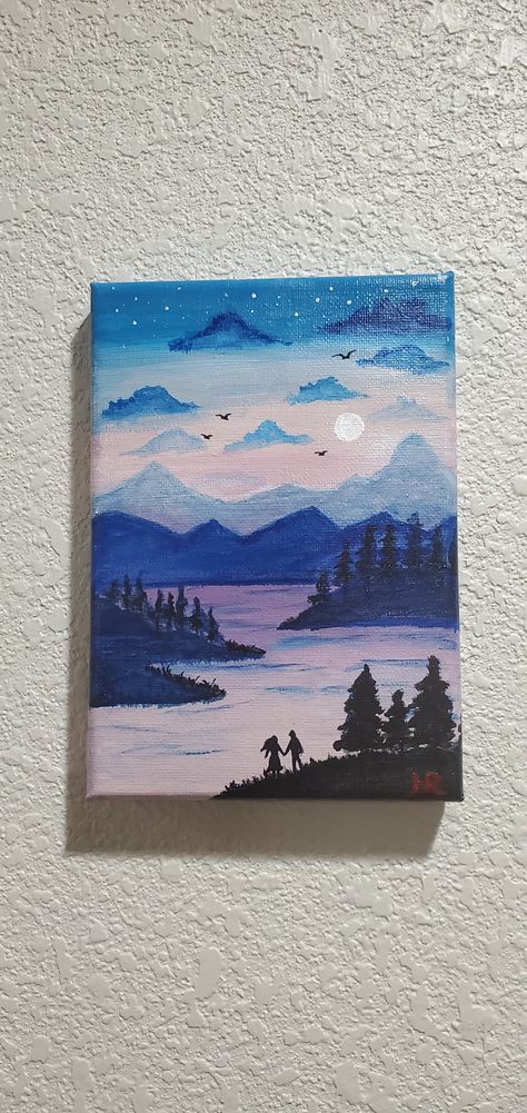 Mini Canvas Mountain Paintings, Matching Paintings Canvas, Matching Paintings, Birds Couple, Stylised Art, Couples Canvas Painting, Mini Tela, Beach Art Painting, Couples Canvas