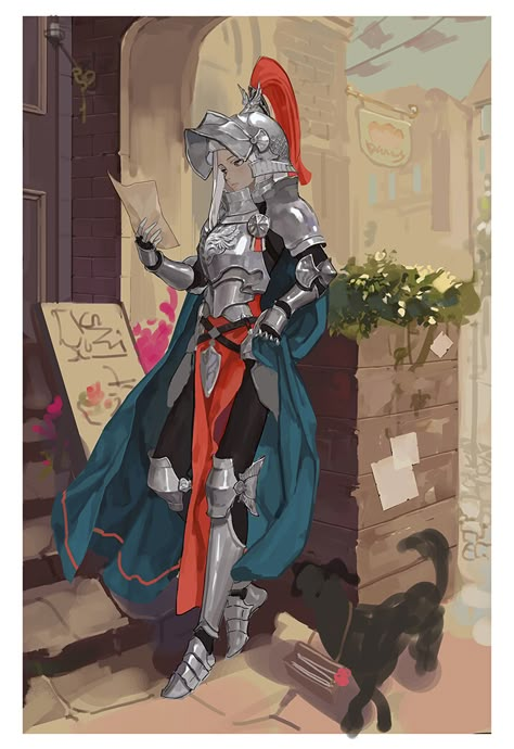 Female Knight Art Character Design, Dnd Concept Art, Anime Medieval, Knight Illustration, Stand Pose, Medieval Knights, Female Armor, Images Kawaii, Building Concept