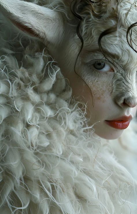 Sheep Human Hybrid, Half Human Half Animal Character Design, Sheep Character Art, Lamb Oc, Fantasy Sheep Creature, Lamb Aesthetic, Faun Makeup, Creepy Sheep Art, Sheep With Horns