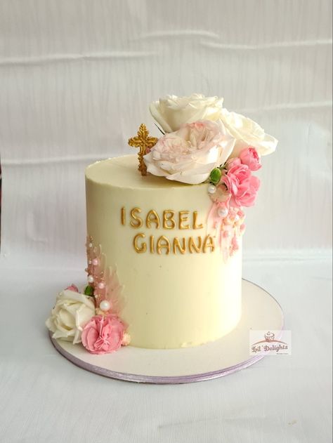 For a naming ceremony! Flavor: Chocolate Truffle #baptismcake #namingceremonycake #girlbabybaptismcake #girlbabycake #pinkcakes Name Ceremony, Name On Cake, Cute Easy Paintings, Chocolate Truffle, Baptism Cake, Naming Ceremony, September 22, Pink Cake, Cake Shop