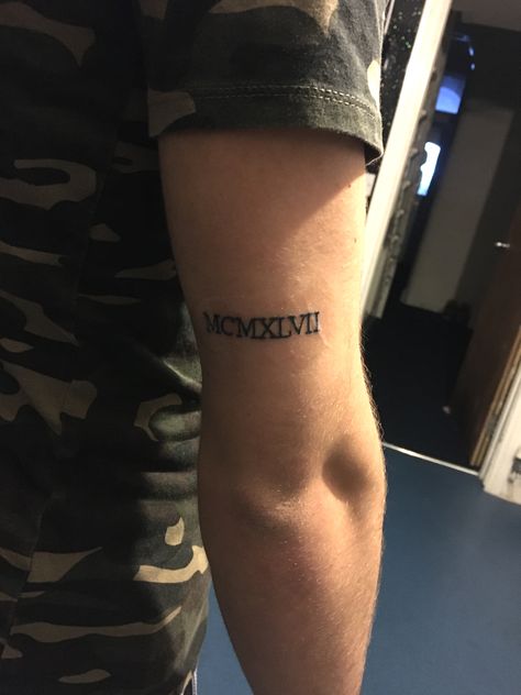 Roman Numeral Tricep Tattoo, Roman Numeral Band Tattoo, Tattoo Kids, Tricep Tattoos, Roman Letters, Roman Numeral Tattoos, Birthday Tattoo, Date Tattoos, Rune Tattoo