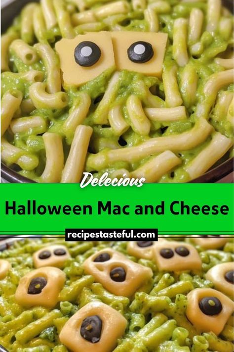 This Halloween Mac and Cheese is a fun and festive twist on the classic comfort food. Featuring a vibrant green "monster slime" sauce made from spinach and spooky eyeballs crafted from cheese and olives, it’s perfect for a Halloween dinner. Halloween Mac And Cheese, Monster Slime, Cheese And Olives, Spooky Snacks, Olive Relish, Festive Desserts, Mac And Cheese Recipe, Green Monster, Halloween Dinner