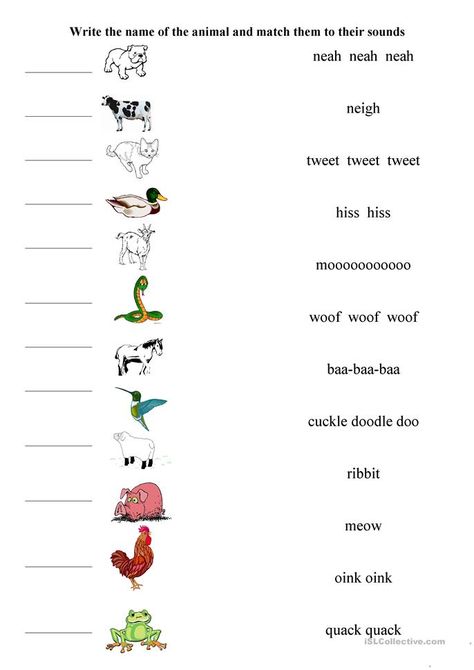 Matching Animals and their sounds - English ESL Worksheets for distance learning and physical classrooms Animals And Their Sounds Worksheets, Animal Sounds Worksheet, Animal Sounds Activity, Ukg Syllabus, Animals And Their Sounds, Evs Worksheet, Teaching Nouns, Anger Worksheets, Farm Animals Preschool