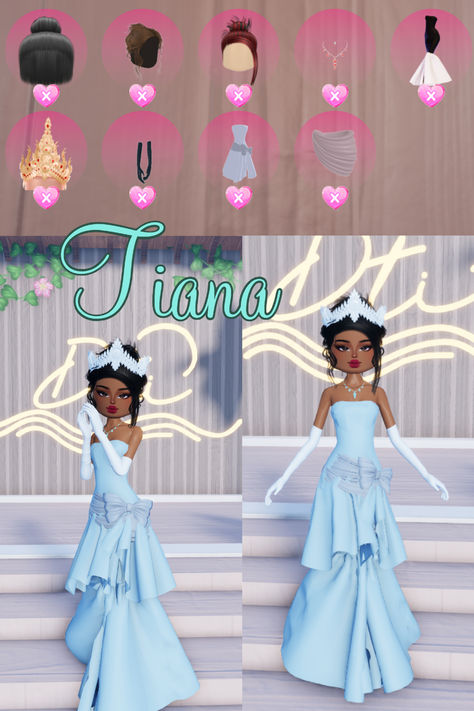 dress to impress princess tiana from Princess and the Frog. Can use for theme blue, doll Princess And The Frog Dress To Impress, Robe Dress To Impress, Tiana Dti Outfit, All The Dress To Impress Themes, Princess Tiana Dress To Impress, Stitch Dress To Impress, Dress To Impress Me Right Now Theme, Dti Theme Princess, Blue Theme Dress To Impress