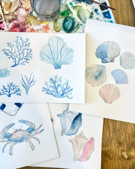 Currently on the desk. I’m trying to wrap up a big coastal themed project this week for a licensing opportunity 🌊🐚☀️ loving all these soft blues and creams! . . . #watercolorillustration #coastaldecor #coastalliving #seashells #beachart #winsorandnewton #blickartmaterials #watercolors #beachdecor #dailydoseofpaper #makersmovement #etsyfinds #ladies #licensingart #ladiesofillustration Paintings Ideas Watercolor, Beachy Paintings, Watercolor Seashells, Coastal Watercolor, Tropical Watercolor, Art Watercolour, Watercolor Ideas, Visual Journal, Watercolour Art