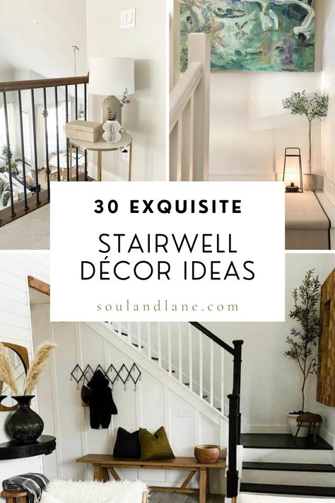 Elevate your stairwell to new heights of elegance with exquisite decor ideas that transform this transitional space into a majestic feature of your home. Introduce a grand runner rug that cascades down the stairs, adding warmth and texture, while wall sconces along the stairwell illuminate the path and add an air of sophistication. Hang a series of art or family photos in matching frames for a personal touch that draws the eye upward. Consider installing ornate railings or painting the stair ris Landing Of Stairs Decor, Stairway Platform Decor, Decorating Bottom Of Stairs, Styling A Staircase Wall, Stairwell Corner Decor, Wall Decor Top Of Stairs, Wall Over Stairs Decor, Stairwell Art Ideas, Tall Stairwell Decor