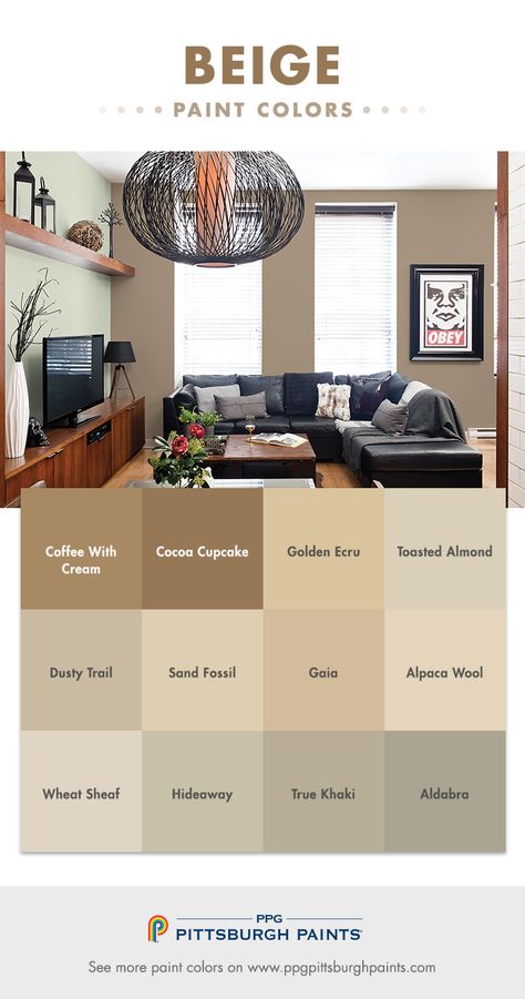 One of the most commonly used paint colors, beige can be a neutral territory throughout your home's spaces. Newer tones of beige are different, incorporating a lot more gray for a very modern, cool, sleeker look – not as warm and yellow. Beige colors with a whisper of gray in them soften a room’s backdrop and make it easy to coordinate with pillows and artwork to add pops of color. Paint Colors Beige, Warm Interior Paint Colors, Beige Paint Colors, Warm Paint Colors, Interior Paint Colors Schemes, Beige Paint, Warm Interior, Dekorasi Kamar Tidur, Yellow Beige