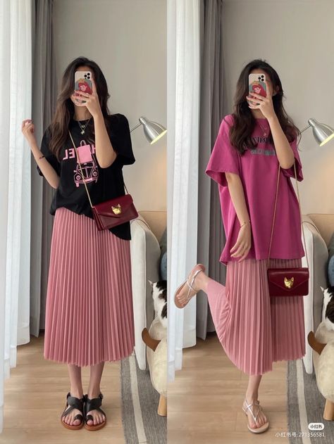 Korea Pink Aesthetic, Korean Daily Outfit, Pink Pleated Skirt Outfit, Rok Outfit, Modesty Outfits, Racun Shopee, Trendy Fashion Tops, Stylish Party Dresses, Korean Girl Fashion