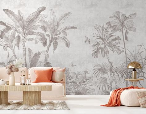 Drawing Forest, Jungle Landscape, Jungle Wall Mural, Monochrome Wallpaper, Girls Room Wallpaper, Stick Drawings, Coastal Wallpaper, Romantic Wallpaper, Neutral Wallpaper