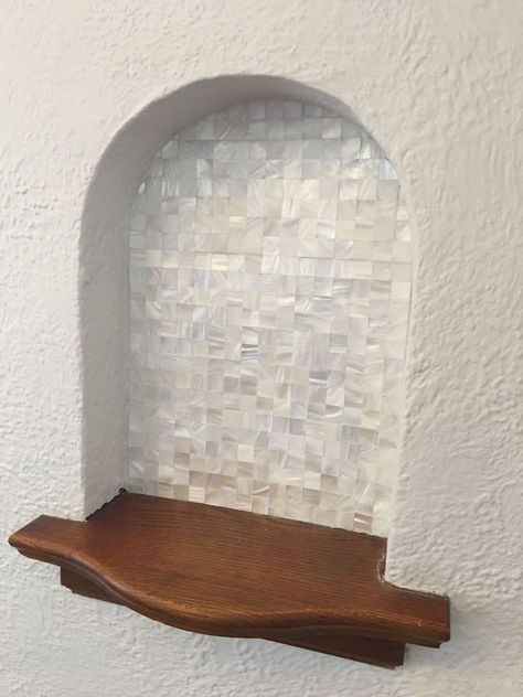 Arched Wall Niche, Niche Decor Ideas, Ideas For Small Home, Tile Niche, Wall Niche Ideas, Grotto Design, Recessed Wall Niche, Mother Of Pearl Tile, Wall Nook