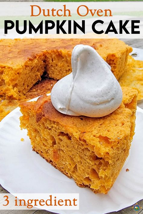 Bake this Pumpkin Dutch Oven Cake when camping, on the grill, or in the oven at home. This 3-ingredient cake is quick and easy to make and tastes great with pumpkin spice whipped topping. Dutch Oven Cake, Pumpkin Dutch Oven, Dutch Oven Desserts, Campfire Cake, 3 Ingredient Cakes, Dutch Oven Camping Recipes, Pumpkin Cobbler, Pumpkin Spice Bread, Camping Desserts