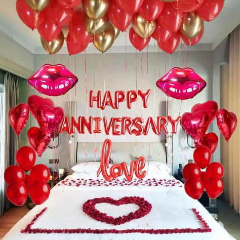 PRICES MAY VARY. Elevate Your Anniversary Celebration: Our Happy Anniversary Balloon Set is more than just balloons; it's a way to make your anniversary unforgettable. these balloons will create a romantic and festive atmosphere that you and your loved one will cherish.Anniversary Balloon Set features 46pcs10inch red and gold balloons , contains 8 pcs 18 Inch Red Heart Shaped Balloons and 2pcs Red lips balloons , 1000 Red Artificial Rose Petals and 1pc 30in Love balloon ，1pc ribbons arch accesso Lips Balloons, Red And Gold Balloons, Happy Anniversary Balloons, Happy Anniversary Banner, Anniversary Balloons, Heart Shaped Balloons, Romantic Decorations, Anniversary Banner, Romantic Room