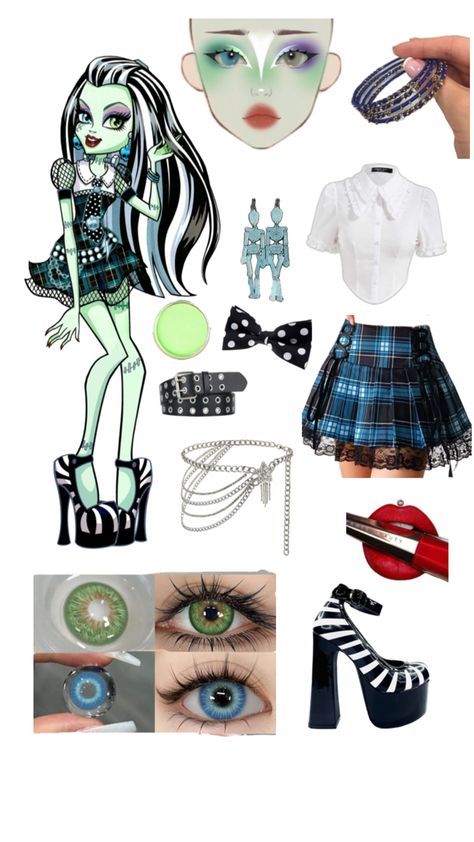 Frankie Stein Costume Halloween, Monster High Characters Cosplay, Draculara And Frankie Halloween, Frankie Monster High Costume Diy, Frankie From Monster High Costumes, Frankie Stine Costume, Frankie Stein Costume Ideas, Monster High Frankie Stein Costume, Frankie Monster High Makeup Look