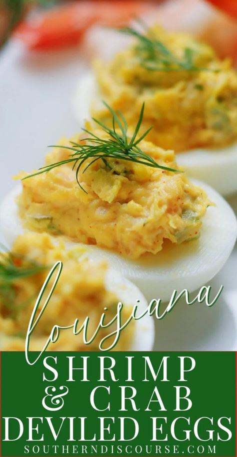 Rich, creamy and deliciously savory, these Louisiana Shrimp & Crab Deviled Eggs are stuffed with spicy seafood goodness. The perfect appetizer for parties and showers and a special part of any holiday meal or cookout, these creole-style deviled eggs are easy to make and loaded with that New Orleans wow factor! Crab Deviled Eggs, Louisiana Shrimp, Shrimp Deviled Eggs, Southern Discourse, Spicy Seafood, Southern Cooking Recipes, Sheet Pan Suppers, Deviled Eggs Recipe, Holiday Meal