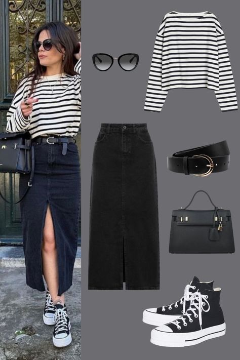 Converse Off White Outfit, White Sneaker Skirt Outfit, How To Style A Black Denim Skirt, Black Denim Midi Skirt Outfit Summer, Black Canvas Shoes Outfit, Denim Midi Skirt Outfit Casual, Spring Outfits With Converse, Black Denim Skirt Outfit Ideas, Black Denim Long Skirt Outfit