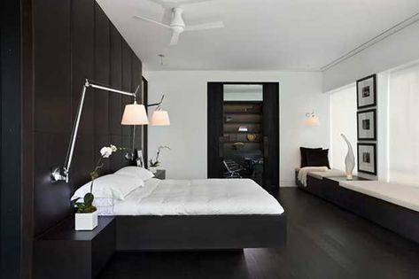 Contemporary Black and White Rooms in Elegant Penthouse with Impressive Fireplace Design Black Wall In Bedroom, Bedroom With Ceiling Fan, Bedroom With Ceiling, Modern Grey Bedroom, Brown Furniture Bedroom, Monochrome Bedroom, Bedroom Design Trends, White Bedroom Design, Minimalist Bedroom Design