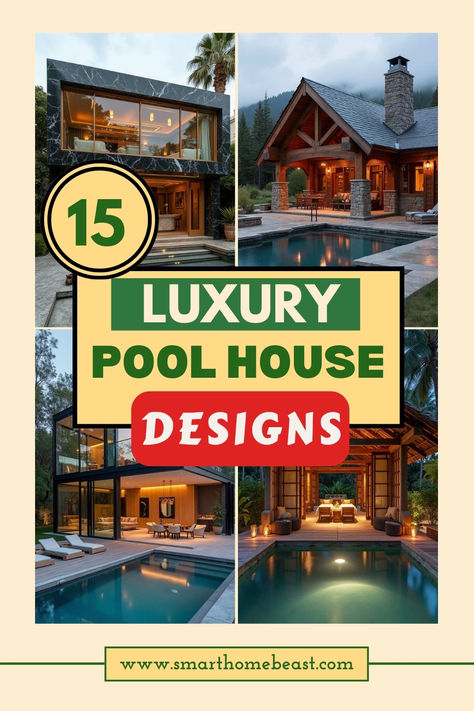 A collage of four luxury pool houses featuring modern black marble design, rustic mountain lodge style, contemporary glass structure, and tropical open-air pavilion, all with elegant pools and high-end finishes. Pool House Guest House Combo, Pool House Interior Design, Luxury Pool House, Pool With Pool House, Home Exterior Design Ideas, Pool House Design, Pool House Ideas, Pool House Designs, Villa Pool