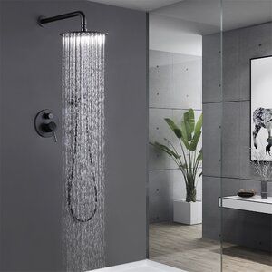 Inhouse Eco-Friendly Design 3-Function Pressure Balanced Complete Shower System With Rough-In Valve For Concealed Installation, With 4 Body Jets | Wayfair Black Shower Faucet, Rain Shower System, Rain Head, Bathroom Shower Faucets, Dual Shower Heads, Shower Faucet Sets, Rainfall Shower Head, Tub Spout, Black Shower