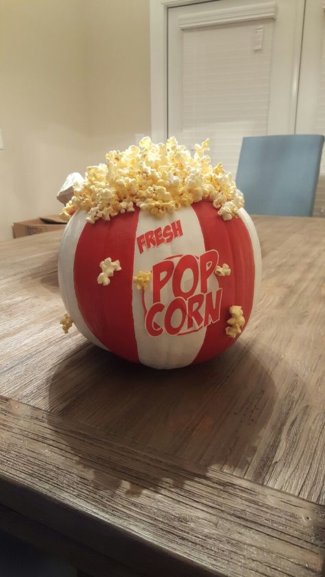 painted pumpkin, popcorn bucket pumpkin. paint is from home depot (red:flirt alert, white: ultra pure white) popcorn glued on with hot glue gun, letters cut out of popcorn bags from dollar store. Creative Pumpkin Painting Ideas, Popcorn Pumpkin, Cute Painted Pumpkin Ideas, Fall Pumpkins Painting, Popcorn Theme, Fall And Halloween Decor, Pumpkin Decorating Diy, Creative Pumpkin Painting, Creative Pumpkin Decorating