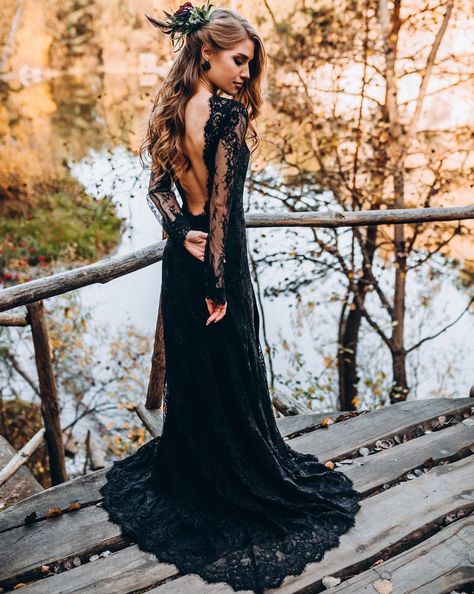 Black Wedding Dresses With Edgy Elegance ★ black wedding dresses sheath v back with illusion long sleeves lace with train Long Sleeve Prom Dress Lace, A Black Wedding, Black Lace Wedding Dress, Black Lace Wedding, Black Wedding Gowns, Backless Lace Wedding Dress, Reception Dresses, Black Wedding Dress, Dark Wedding