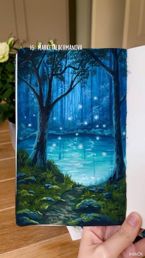 Sketching And Painting, Painting In Sketchbook Ideas, Art Sketchbook Painting, Painting With Acrylics Ideas, Cute Forest Painting, Art Forest Painting, Gouache Cute Painting, Forest Painting Step By Step, Painting With Magic